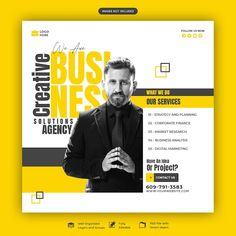 a yellow and black business flyer with a man in a suit on the front page