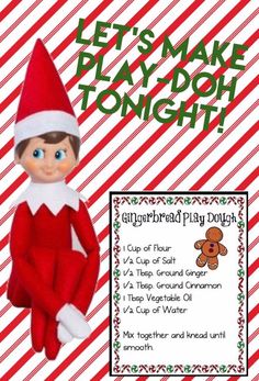 an elf is sitting on top of a red and white striped background with the words let's make play doh tonight