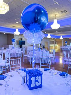 the table is set with blue and white balloons