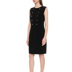 Black Wool Sleeveless Military Dress From Polo Ralph Lauren Featuring A Round Neck, A Sleeveless Design, A Fitted Waist, Button Detail To The Front And A Mid-Length. Black Workwear Dress With Side Buttons, Black Dress With Side Buttons For Work, Black Dresses With Side Buttons For Work, Black Sleeveless Dress With Button Closure, Sleeveless Button Dress For Work, Black Sleeveless Dress With Button Closure For Work, Elegant Sleeveless Dress With Button Closure, Classic Sleeveless Dress With Button Closure, Fitted Sleeveless Dress With Side Buttons