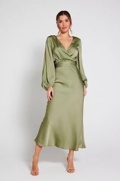 Olive Green Dress Outfit, Green Dress Outfit, Elegant Silk Dresses, Pippa Dress, Long Sleeve Bridesmaid Dress, Gown Style