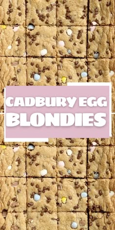 Cadbury Egg blondie bars are a brown sugar based blondie cookie bar with chocolate chips and mini Cadbury eggs. Cadberry Egg Blondies, Cadbury Egg Cookie Cake, Favorite Easter Recipes, Cadbury Egg Bars, Cadbury Mini Egg Cookie Bars, Cadbury Cookie Bars, Easter Bar Recipes, Cadbury Egg Blondies, Cadbury Mini Egg Blondies