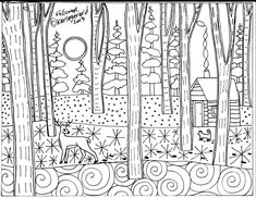 a black and white drawing of trees in the woods