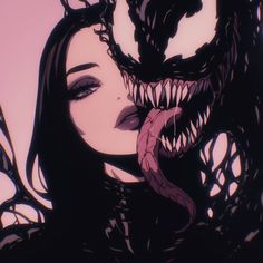 a woman with her mouth open next to a large monster face and long black hair