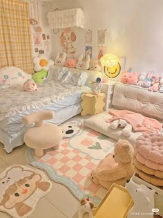 a child's bedroom with teddy bears and other stuffed animals on the floor in it