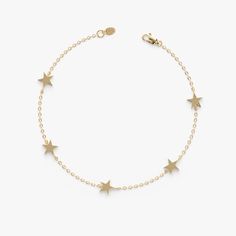 Stella Baby, you’re a star! This gold bracelet features multiple star charms on a solid gold bracelet. It would make a great celestial gift for a friend! Available in Yellow Gold, White Gold, and Rose Gold - Handmade- Solid Gold- Measurement of Each Star: 5 mm - Space Between Stars: 15 mm ( .60 inches) All pieces come beautifully boxed in suede pouches you can always use (which really comes in handy when traveling!)