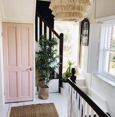 an entryway with pink doors and rugs on the floor, potted plant in front