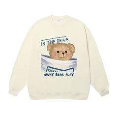 Cute Oversized Letter Print Sweater, Oversized Cute Sweater With Letter Print, Cute Cream Sweatshirt For Fall, Cute Cream Cotton Sweatshirt, Oversized Cotton Cartoon Print Sweater, Oversized Cotton Sweater With Cartoon Print, Cute Letter Print Sweater For Loungewear, Cute Cotton Sweatshirt With Cartoon Print, Cute Cotton Winter T-shirt