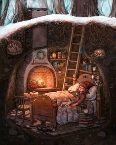 a painting of a person laying in bed next to a fire place with books on it