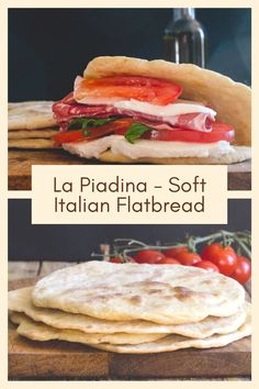 two pictures of different types of breads on a cutting board with tomatoes and basil