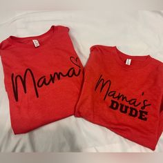 Super Cute Mom And Son Matching Tshirts, Never Worn. Custom Shirts! Adult Size Medium, Kids Size M 10-12 Mommy And Me Son Outfits, Mama And Son Matching Outfits, Mom And Son Shirts Matching, Mom And Son Matching Shirts, Red Relaxed Fit Top, Fun Style, Family Matching Red Tops With Letter Print, Red Graphic Print T-shirt For Family Matching, Mom Son Shirts, Mother Son Shirts