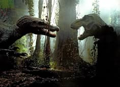 two large dinosaurs in the woods with trees