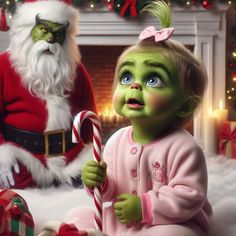 the grinch is holding a candy cane in front of santa claus