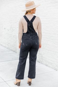 Details Black denim overalls Fabric has some stretch, relaxed fit Adjustable straps, distressing on legs, and straight leg style Pair these with booties and a fedora Unlined Size small from shoulder to hem: (straps fully loosened) 55.5" Material and care 95% cotton, 5% polyester Machine wash cold, dry flat Materials will have natural variations in the denim wash and distressed panels Colors may vary from different viewing devices Punk Overalls, Straight Leg Overalls, Black Denim Overalls, Overalls Fashion, Denim Overalls, Small Tops, Denim Wash, Black Denim, Western Fashion