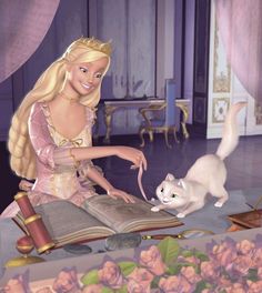 a woman in a pink dress is petting a white cat and looking at an open book