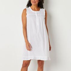 Get cozy and comfortable in this Adonna women's ruffled sleeveless nightgown. Cut in a knee-length from 100% cotton-poplin, this printed nightdress has a scoop neckline and button-front closures.Closure Type: Pullover HeadNeckline: Scoop NeckSleeve Length: SleevelessApparel Length: 38 InchesFiber Content: 100% CottonFabric Description: WovenCare: Tumble Dry, Machine WashCountry of Origin: Imported Short Night Dress, Sewing Corner, Sleeveless Nightgown, Dress For Ladies, Sleeping Dress, Cotton Nightgown, Night Dress For Women, Women's Nightgowns, Nightgowns For Women