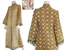 "This 60s or 70s-era New Generation maxi-length duster features an ornate woven cotton tapestry in mustard and cream, slightly belled fringed sleeves with puffed shoulders, and fringed hem. Duster is unlined and zips up the front from collar to hip level; duster is open in the front from hip level to hem. Presents beautifully and makes an unforgettable festival jacket! Best fits size xs or small (please refer to measurements below). Accessories not included. Payment plans available. Approximate Fitted Bohemian Outerwear With Tassels, Fitted Long Bohemian Outerwear, Boho Duster, Fringe Coat, Fringe Coats, Festival Jacket, Bohemian Tapestry, 70s Era, Personal Style Inspiration