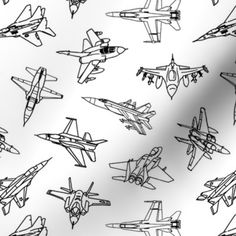 black and white airplanes are drawn on a gray background in this seamless pattern, which is perfect for wallpaper or fabric