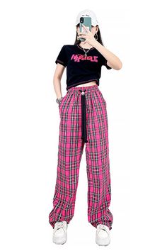 Casual Hot Pink Summer Plaid Drawstring Pants For Women Pink Plaid Pants, Summer Plaid, Women Pink, Floral Outfit, Pink Summer, Plaid Pants, Pink Plaid, Drawstring Pants, Summer Wardrobe