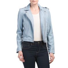 Gorgeous Amaryllis Powder Pastel Blue Supple Genuine Leather Moto Jacket. Zip Up. Silver Hardware. Lined. Outstanding Condition. Gtd/Rs Casual Blue Leather Jacket With Zipper Closure, Blue Trendy Leather Jacket For Spring, Trendy Blue Leather Jacket With Zipper, Trendy Blue Leather Jacket With Zipper Closure, Casual Fitted Blue Biker Jacket, Casual Fitted Blue Leather Jacket, Chic Blue Long Sleeve Biker Jacket, Fitted Blue Biker Jacket For Spring, Blue Long Sleeve Biker Jacket For Work