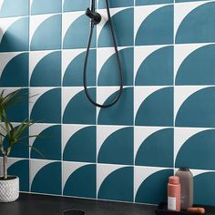 a bathroom with blue and white tiles on the wall, shower head and hand held faucet