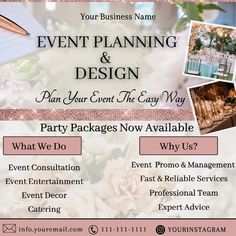 an event planning and design flyer