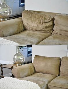 two pictures of the same couch in different stages of upholstering and cleaning