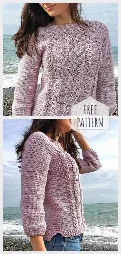 two pictures of a woman wearing a pink sweater and jeans, with the words free knitting pattern