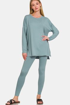 Zenana Full Size Brushed Microfiber Top and Leggings Lounge Set Southern Soul Collectives Cozy Fits, Loungewear Set, Lounge Set, Top Fabric, Lounge Sets, Stretchy Material, Running Errands, Jumpsuit Dress, Outfit Sets