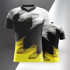 the front and back of a black and yellow soccer jersey with an abstract design on it