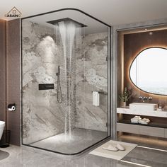 a bathroom with marble walls and flooring, including a walk - in shower stall