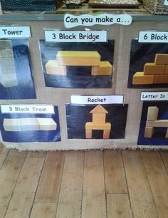 a display in a store with different types of bricks on the wall and below it are instructions for how to make a block bridge