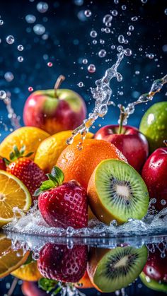 fresh fruit is splashing into the water