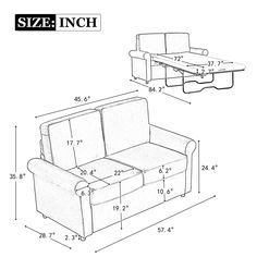 an image of a couch and table with measurements for the seat width, including two reclining