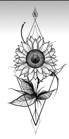 a black and white drawing of a sunflower with an intricate design in the middle