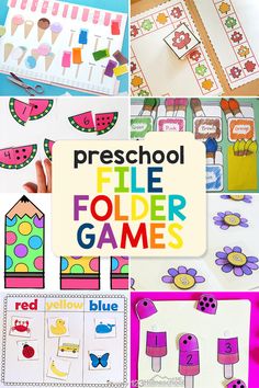 several different pictures with the words preschool file folder games