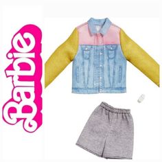 a doll is wearing a denim jacket and shorts