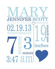 a birth announcement with blue and white typograms on the front, and a heart in the middle