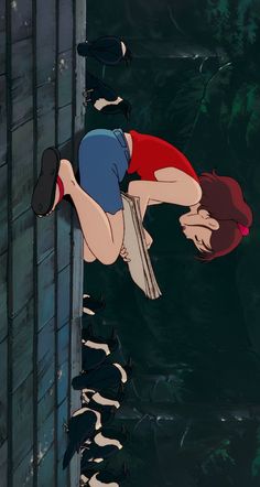 an animated image of a woman leaning against a wall