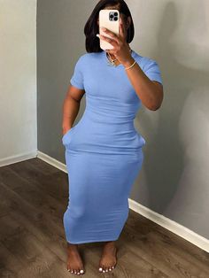 Plus Size Summer Casual Solid Color Bodycon Dress Blue Casual  Short Sleeve Knitted Fabric Plain Bodycon Slight Stretch  Women Plus Clothing, size features are:Bust: ,Length: ,Sleeve Length: Modest Bodycon Dress, Plus Size Summer Casual, Plus Size Summer, Slim Fit Dresses, Vestido Casual, Dress Blue, Dress P, Plus Clothing, Summer Casual