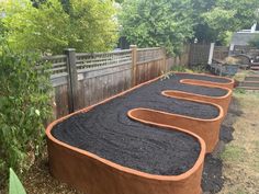 an outdoor garden area with raised planters filled with dirt