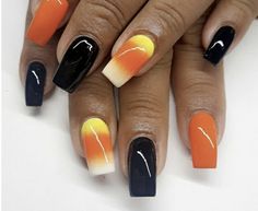 Halloween Nail Art Designs Easy, Simple Halloween Nail Ideas, Simple Witchy Nails, Black And Orange Nail Designs, Rockabilly Nails, Corn Nails, Painted Nail Designs, Michelle Nails, Candy Corn Nails