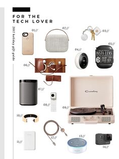 the contents of an electronic device laid out on a white background with text that reads for the tech lover