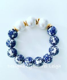 Blue & White Chinoiserie Bracelet - Chinoiserie Elegant White Bracelet With Large Beads, Elegant White Bracelets With Large Beads, White Beaded Bangle Jewelry, Elegant Blue Flower Bracelets, Elegant White Beaded Bracelet With Large Beads, Elegant Blue Adjustable Pearl Bracelet, Elegant Adjustable Blue Pearl Bracelet, Adjustable Blue Beaded Bracelets For Wedding, Handmade Elegant Blue Pearl Bracelet