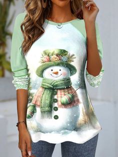 Shop Affordable Women T-shirts Spring/Fall T-shirt Long Sleeve Casual T-shirt Christmas Snowman T-shirt Loose Daily Crew Neck On Justfashinnow.com Green Theme, Women's Casual Style, Long Sleeve Short Dress, Maxi Dress Green, Spring Shirts, Plus Size Top, Casual Spring, Long Sleeve Tees Women, Green Pattern