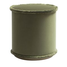 a large green pot with a brown rim on it's side, sitting in front of a white background