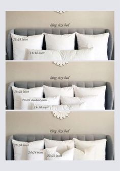 four different types of pillows are shown in the same photo, and each is labeled with their own name