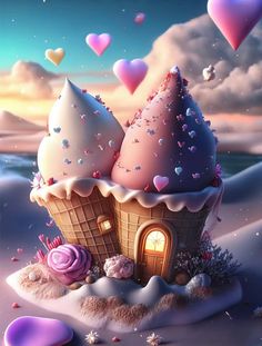 an ice cream house with hearts floating in the sky