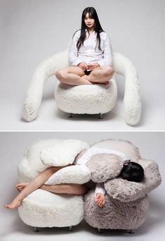 two pictures of a woman sitting on a chair with sheep legs