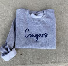 Cougar Puff Embroidered team sweatshirt. Can be customized with any team colors.  Washing instructions: Wash inside out in cold water and hang to dry. No dryer!! Collegiate Team-colored Sweatshirt With Embroidered Logo, Collegiate Letter Embroidery Sweatshirt For College, Team-colored Sweatshirt With Embroidered Logo For Sports Events, College School Spirit Sweatshirt With Embroidered Logo, College Sweatshirt With Letter Embroidery, College Sweatshirt With Embroidered Logo, College Sweatshirt With Embroidered Logo For School Spirit, College Sweatshirt With Letter Embroidery For School Spirit, Collegiate Sweatshirt With Letter Embroidery For Game Day